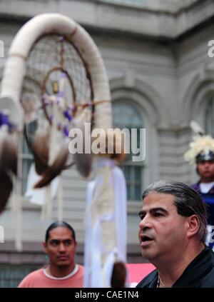 Aug. 23, 2010 - Manhattan, New York, U.S. - Chief HARRY WALLACE of the Unkechaug Nation speaks as representatives of Native American tribes and organizations call on Mayor Michael Bloomberg to apologize for his racially insensitive remarks telling Governor Paterson to ''Get yourself a cowboy hat and Stock Photo