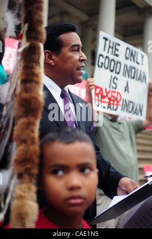 Aug. 23, 2010 - Manhattan, New York, U.S. - LANCE GUMBS of the National Congress of American Indians speaks as representatives of Native American tribes and organizations call on Mayor Michael Bloomberg to apologize for his racially insensitive remarks telling Governor Paterson to ''Get yourself a c Stock Photo