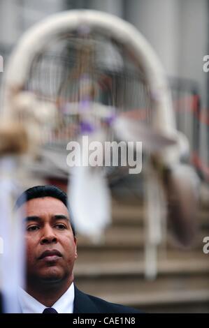 Aug. 23, 2010 - Manhattan, New York, U.S. - LANCE GUMBS of the National Congress of American Indians speaks as representatives of Native American tribes and organizations call on Mayor Michael Bloomberg to apologize for his racially insensitive remarks telling Governor Paterson to ''Get yourself a c Stock Photo