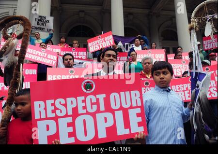 Aug. 23, 2010 - Manhattan, New York, U.S. - LANCE GUMBS of the National Congress of American Indians speaks as representatives of Native American tribes and organizations call on Mayor Michael Bloomberg to apologize for his racially insensitive remarks telling Governor Paterson to ''Get yourself a c Stock Photo