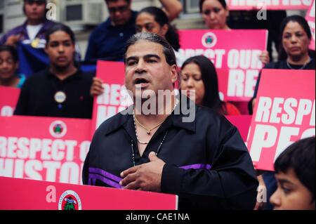 Aug. 23, 2010 - Manhattan, New York, U.S. - Chief HARRY WALLACE of the Unkechaug Nation speaks as representatives of Native American tribes and organizations call on Mayor Michael Bloomberg to apologize for his racially insensitive remarks telling Governor Paterson to ''Get yourself a cowboy hat and Stock Photo