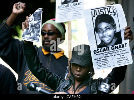 July 08, 2010 - Los Angeles, California, USA - Supporters of the Oscar Grant gather outside the Los Angeles Superior court where  former Bay Area Rapid Transit officer . Johannes Mehserle was convicted of involuntary manslaughter today for shooting an unarmed man to death at an Oakland subway statio Stock Photo