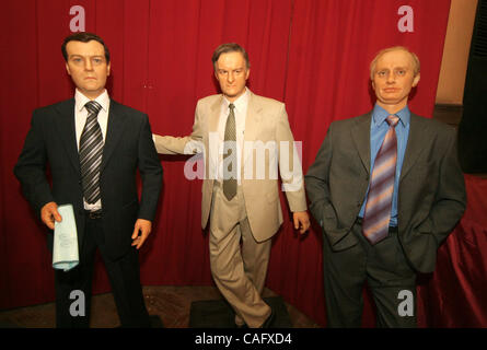 Wax figure of the potential next president of Russia Dmitry Medvedev (l)was presented in the Wax Museum of St.Petersburg. Wax figure of president Putin (r)and former Mayor of St.Petersburg Anatoly Sobchak (c) Stock Photo