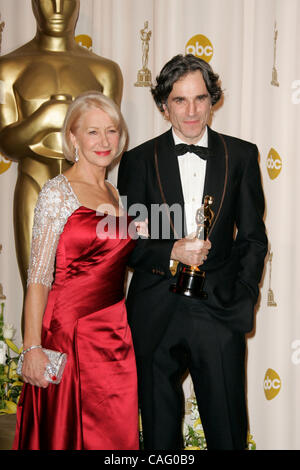 Feb 24, 2008 - Hollywood, California, USA - Actress HELEN MIRREN and DANIEL DAY-LEWIS with his Oscar for Performance by an actor in a leading role in 'There Will Be Blood' (Paramount Vantage and Miramax). Daniel in the Press Room at the 80th Annual Academy Awards held at the Kodak Theatre in Hollywo Stock Photo