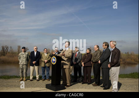 Feb 06, 2008 - Sacramento, California, USA - Governor ARNOLD SCHWARZENEGGER speaks at a press conference regarding Natomas levees at Highway 99 and Natomas Cross Canal February 6, 2008. Schwarzenegger on Wednesday said the state will speed up $211 million of funding for levee improvements in Natomas Stock Photo