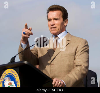 Feb 06, 2008 - Sacramento, California, USA - Governor ARNOLD SCHWARZENEGGER speaks at a press conference regarding Natomas levees at Highway 99 and Natomas Cross Canal February 6, 2008. Schwarzenegger on Wednesday said the state will speed up $211 million of funding for levee improvements in Natomas Stock Photo