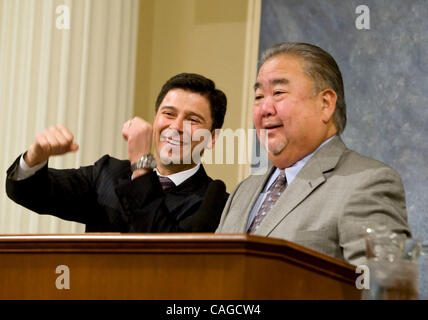 Feb 06, 2008 - Sacramento, California, USA - Assembly member elect, WARREN FURUTANI and Assembly Speaker FABIAN NUNEZ, D-Los Angeles, elebrate after he was sworn in in the assembly Chambers, Thursday, Feb. 7 2008. Furutani won a special election in District 55, to succeed Laura Richardson, who was r Stock Photo