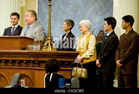 Feb 06, 2008 - Sacramento, California, USA - Assembly member elect, WARREN FURUTANI, is sworn in by Assembly Speaker FABIAN NUNEZ, D-Los Angeles, in the assembly Chambers, Thursday, Feb. 7 2008. Furutani won a special election in District 55, to succeed Laura Richardson, who was recently elected to  Stock Photo