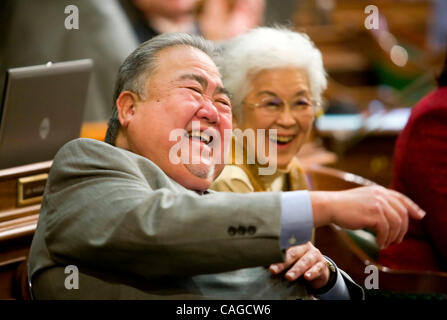 Feb 06, 2008 - Sacramento, California, USA - Assembly member  WARREN FURUTANI laughs with his mother in law, AIKO HERZIG, on the floor of the Assembly after he was is sworn in, Thursday, Feb. 7 2008. Furutani won a special election in District 55, to succeed Laura Richardson, who was recently electe Stock Photo