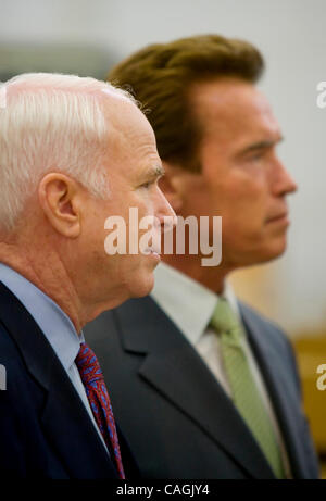 Jan 31, 2008 - Los Angeles, California, USA - California Governor ARNOLD SCHWARZENEGGER and Presidential hopeful JOHN MCCAIN, tour Solar Integrated Technologies in Los Angeles before the Governor announce his endorsement of McCain at a news conference, Thursday Jan. 31, 2008. Also attending was Mayo Stock Photo