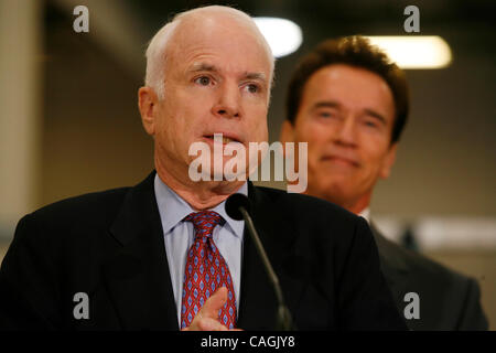 Jan 31, 2008 - Los Angeles, California, USA - Presidential hopeful JOHN MCCAIN thanks California Governor ARNOLD SCHWARZENEGGER for his endorsement, after a tour of Solar Integrated Technologies in Los Angeles before the Governor announce his endorsement of McCain at a news conference, Thursday Jan. Stock Photo
