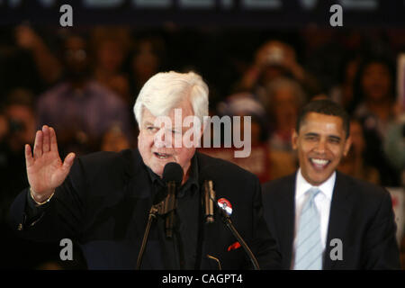 us democratic presidential candidate senator barack obama (d-il) (c) sits with caroline kennedy (r) as u.s. senator ted kennedy (d-ma) introduces obama to the audience at a campaign rally in east rutherford, new jersey, on the eve of the 'super tuesday' primary elections in the u.s., february 4, 200 Stock Photo