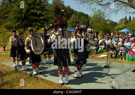 The Piedmont Highlanders Pipe Band add some music, as a large crowd watches on Saturday April 19, 2008, during the birthday celebration of John Muir and Earth Day at the John Muir House in Martinez Calif. (Dan Rosenstrauch/Contra Costa Times) Stock Photo