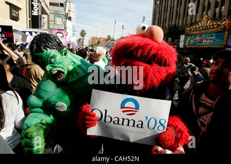 Jan 31, 2008 - Los Angeles, CA, USA -  Perfomers and supporters dressed as The Incredible Hulk and Elmo outside the Kodak Theater where Obama and Clinton supporters gather to rally prior to the Obama Clinton Democratic debate taking place later this evening. (Credit Image: © Jonathan Alcorn/ZUMA Pre Stock Photo