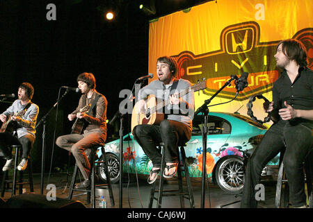 Jan 09, 2008; Hollywood, California, USA; Musical Group: Panic At The Disco. (L) BRENDON URIE, RYAN ROSS, JON WALKER and SPENCER SMITH at the Intimate Performance and Special Annoucement for their tour.  The Performance was held at American Honda Motor Company in Torrance, CA and their annoucement t Stock Photo