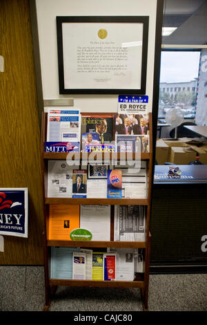 A selection of Republican Party campaign literature is on display at Orange County GOP Headquarters. Note framed quote from Richard Nixon describing the Republicans as 'The Open Door Party.' Stock Photo