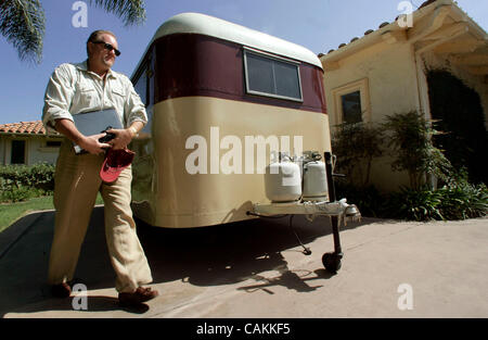 September 7, 2007 Rancho Santa Fe, CA. USA Glenn Smith, of Rancho Santa Fe, takes this 1947 trailer to the mountains where he does much of his writing. He has been working for a dozen years on a feature film, called 'THE HUNGRY WOMAN'  that opens Sept. 19th in about 20 theaters in the San Diego/Tiju Stock Photo