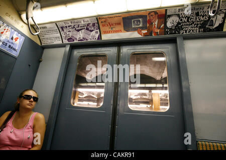 Sep 10, 2007 - Manhattan, NY, USA - Vintage advertisements decorate one of the cars of a pre-WWII subway train, made up of historic R1 cars, to commemorate the 75th anniversary of the A Train and IND (Independent Subway Services) subway opening in Manhattan, NY, on Monday, September 10, 2007. The si Stock Photo