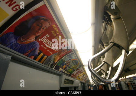 Sep 10, 2007 - Manhattan, NY, USA - Vintage advertisements decorate one of the cars of a pre-WWII subway train, made up of historic R1 cars, to commemorate the 75th anniversary of the A Train and IND (Independent Subway Services) subway opening in Manhattan, NY, on Monday, September 10, 2007. The si Stock Photo