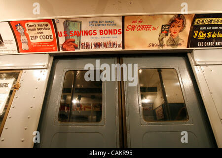 Sep 10, 2007 - Manhattan, NY, USA - Vintage advertisements decorate one of the cars of a pre-WWII subway train, made up of historic R1 cars, to commemorate the 75th anniversary of the A Train and IND (Independent Subway Services) subway opening in Manhattan, NY, on Monday, September 10, 2007. The si Stock Photo