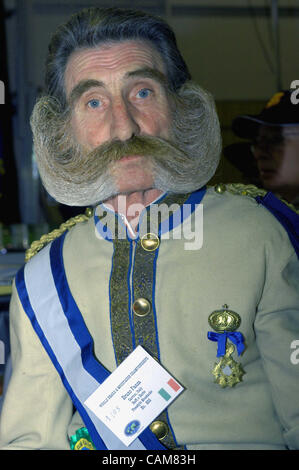 Nov. 01, 2003 - Carson City, Nevada, USA - Bruno Panza from Carvico, Italy competing in ''freestyle Moustache,'' one of 17 categories that were contested at the biennial World Beard and Moustache Championships held in conjunction with Nevada Day, a statehood celebration in Carson City, Nevada.  This Stock Photo