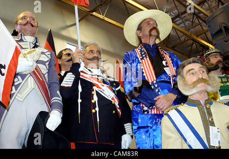 Nov. 01, 2003 - Carson City, Nevada, USA - German competitors in the biennial World Beard and Moustache Championships stand during the playing of the American national anthem at the Community Center in Carson City, Nevada.  Handsomely coiffed men from eleven countries competed for titles in categori Stock Photo