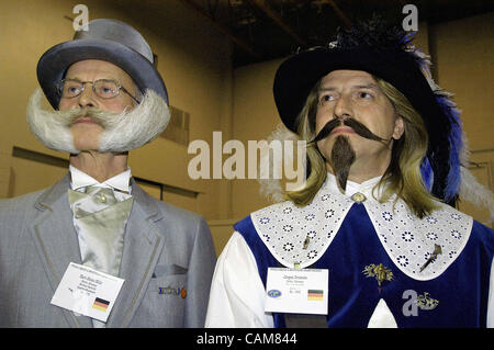 Nov. 01, 2003 - Carson City, Nevada, USA - Karl Heinz Hille and Jurgen Draheim of Germany await their turn to be judged onstage at the 2003 World Beard and Moustache Championships in Carson City, Nevada. Eleven countries sent competitors to the event, which included 17 distinct categories including  Stock Photo
