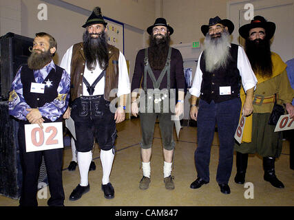 Nov. 01, 2003 - Carson City, Nevada, USA - Five of the men in the ''Full Beard/Styled Moustache'' division wait their turn onstage at the 2003 World Beard and Moustache Championships in Carson City, Nevada.  In this category, the beard flows downward without the use of artificial styling aids and th Stock Photo