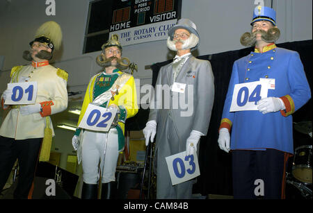 Nov. 01, 2003 - Carson City, Nevada, USA - Four finalists await the judges' decision in the Kaiserlicher Backenbart (Imperial) division at the World Beard and Moustache Championships in Carson City, Nevada.  The competition awarded prizes in 17 divisions, but the crowd favorite was the spectacular l Stock Photo