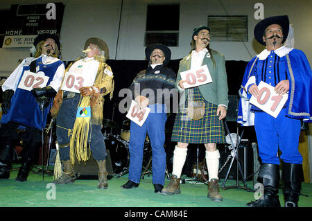 Nov. 01, 2003 - Carson City, Nevada, USA - A splendid time was had by all during the final judging of the Musketeer division at the World Beard and Moustache Championships held in Carson City, Nevada.  The person laughing the hardest, Gary Johnson (number 03), of Olalla, Washington, was the eventual Stock Photo