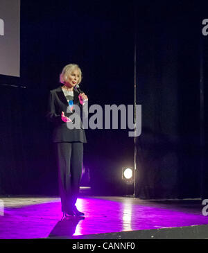 Paris, France, Presidential Elections,  at GLBT Meeting, for Equality Transgender SInger, Bambi, Famous Local French Cabaret Singer, Speaking on Stage, trans people, Public speaker giving talk, transgender rights, Woman Giving Speech Stock Photo