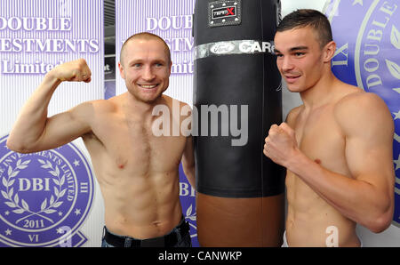Boxers Lukas Konecny from the Czech Republic (left) and Salim Labria (FRA) ahead of Interim WBO Jr. Middleweight Championship Title Bou during press conference in Brno, Czech Republic on March 2, 2012. (CTK Photo/Igor Sefr) Stock Photo