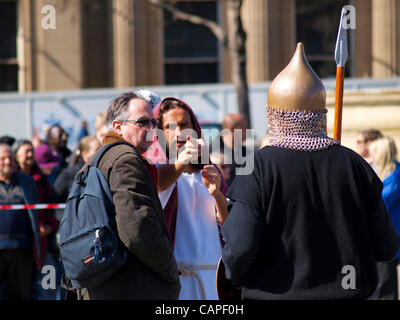 London, UK. 06/05/12. The actor playing Jesus Christ in the play, The Passion of Jesus points at the camera before his performance at Trafalgar Square. Stock Photo