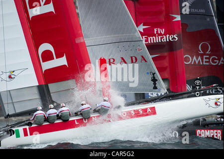 Luna Rossa 'Shark' and Emirates Team New Zealand, day one of the America's Cup World Series regatta in Naples, Italy. 11/4/2012 Stock Photo