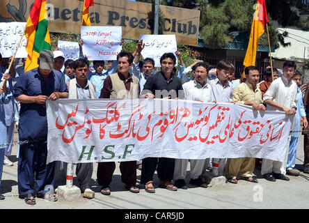 Supporters of Hazara Democratic Party (HDP) are protesting against target-killing of Hazara Community during a demonstration at Quetta press club on Wednesday, April 11, 2012 Stock Photo