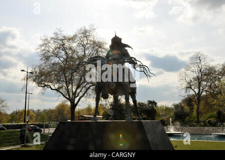 14th April 2012. A bronze statue of Genghis Khan the Mongolian leader is unveiled at Cumberland Gate, Marble Arch London. Made by sculpture Dashi Namdakov. Stock Photo