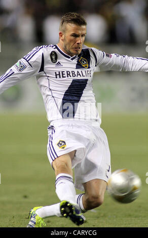 April 14, 2012 - Los Angeles, California, U.S. - Los Angeles Galaxy's David Beckham kicks a ball against Portland Timbers during the MLS match at The Home Depot Center. Galaxy defeat Timbers 3-1. (Credit Image: © Ringo Chiu/ZUMAPRESS.com) Stock Photo