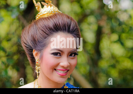 Wimbledon, London, UK, 15 April 2012.  At the Thai temple of Wat Buddhapadipa to celebrate Songkran, Thai New Year, a contestant in the Miss Songkran beauty contest poses for a photo. Stock Photo