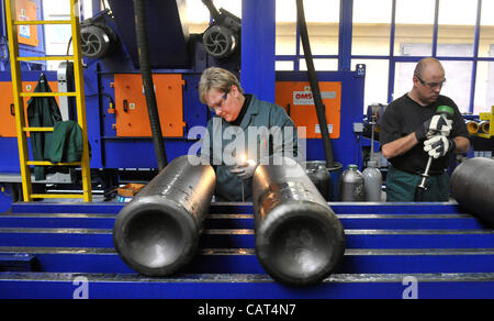 Vitkovice Machinery Group, the largest engineering group in the Czech Republic, launched the operation of a new production line worth about Kc1bn in its subsidiary Vitkovice Milment in the Polish town of Sosnovec on April 17, 2012. The production line will produce ultralight steel bottles for cars u Stock Photo