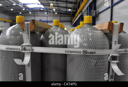 Vitkovice Machinery Group, the largest engineering group in the Czech Republic, launched the operation of a new production line worth about Kc1bn in its subsidiary Vitkovice Milment in the Polish town of Sosnovec on April 17, 2012. The production line will produce ultralight steel bottles for cars u Stock Photo