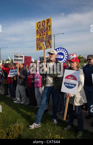 Troy, Michigan - Over a thousand union members picketed a Republican fundraiser featuring Wisconsin Governor Scott Walker and Michigan Governor Rick Snyder. Both governors are unpopular with labor for their anti-union legislation, and Walker is facing a recall election. Stock Photo