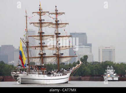 Ecuadorian sailors of the Ecuadorian tall ship BAE Guayas arrives for the War of 1812 Bicentennial Commemoration April 17, 2012 in New Orleans, LA. The events are part of a series of city visits by the Navy, Coast Guard, Marine Corps and Operation Sail beginning in April 2012 and concluding in 2015. Stock Photo