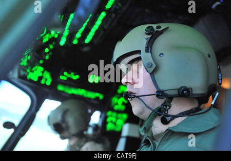 Czech and Croatian helicopter crews undergo training on flight simulator ahead their deployment in ISAF mission in Afghanistan. Pilot Josef Korinek during training programme at the Mosnov Airport, Ostrava on April 18, 2012. (CTK Photo/Jaroslav Ozana) Stock Photo