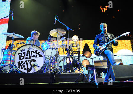 Apr 20, 2012 - Indio, California; USA - Drummer PATRICK CARNEY and Singer / Guitarist DAN AUERBACH of the band The Black Keys as part of the 2012 Coachella Music & Arts Festival that is taking place at the Empire Polo Field.  The three day festival will attract thousands of fans to see a variety of  Stock Photo