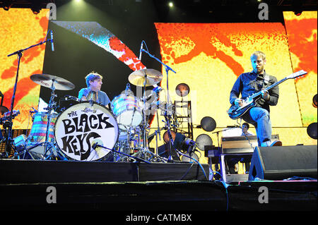 Apr 20, 2012 - Indio, California; USA - Drummer PATRICK CARNEY and Singer / Guitarist DAN AUERBACH of the band The Black Keys as part of the 2012 Coachella Music & Arts Festival that is taking place at the Empire Polo Field.  The three day festival will attract thousands of fans to see a variety of  Stock Photo