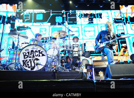 Apr 20, 2012 - Indio, California; USA - Drummer PATRICK CARNEY and Singer / Guitarist DAN AUERBACH of the band The Black Keys as part of the 2012 Coachella Music & Arts Festival that is taking place at the Empire Polo Field.  The three day festival will attract thousands of fans to see a variety of  Stock Photo