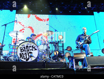 Apr 20, 2012 - Indio, California; USA - Drummer PATRICK CARNEY and Singer / Guitarist DAN AUERBACH of the band The Black Keys as part of the 2012 Coachella Music & Arts Festival that is taking place at the Empire Polo Field.  The three day festival will attract thousands of fans to see a variety of  Stock Photo