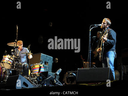 Apr 20, 2012 - Indio, California; USA - Drummer PATRICK CARNEY and Singer / Guitarist DAN AUERBACH of the band The Black Keys as part of the 2012 Coachella Music & Arts Festival that is taking place at the Empire Polo Field.  The three day festival will attract thousands of fans to see a variety of  Stock Photo