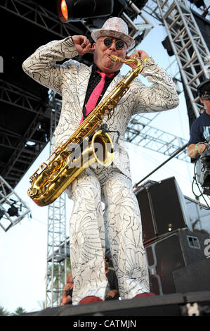 Apr 20, 2012 - Indio, California; USA - Saxophonist LEE THOMPSON of the band Madness performs as part of the 2012 Coachella Music & Arts Festival that is taking place at the Empire Polo Field.  The three day festival will attract thousands of fans to see a variety of artist on five different stages. Stock Photo