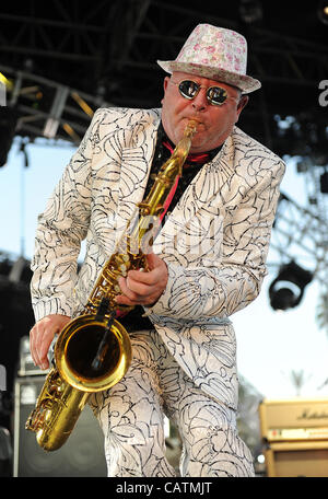 Apr 20, 2012 - Indio, California; USA - Saxophonist LEE THOMPSON of the band Madness performs as part of the 2012 Coachella Music & Arts Festival that is taking place at the Empire Polo Field.  The three day festival will attract thousands of fans to see a variety of artist on five different stages. Stock Photo